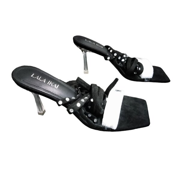Lala Ikai Clear Strap Square Toe Rhinestone Strappy 3.5" Stiletto Sandals Size 8 - Picture 5 of 12